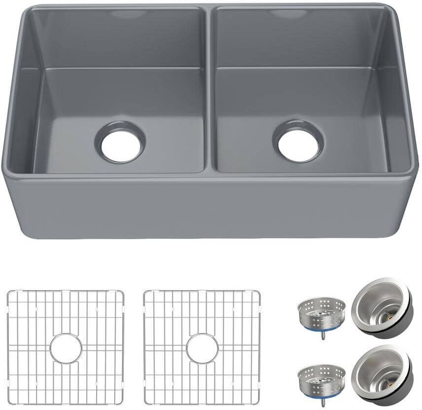 HOMLYLINK Farmhouse Kitchen Sink 33 in. Apron Front Double Bowl 50/50 Gray Fireclay Kitchen Sink with Bottom Grids Farm Sink