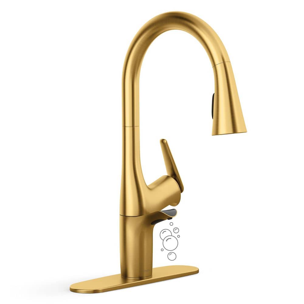 KOHLER Safia 1-Handle Pull Down Sprayer Kitchen Faucet with Integrated Soap Dispenser in Vibrant Brushed Moderne Brass