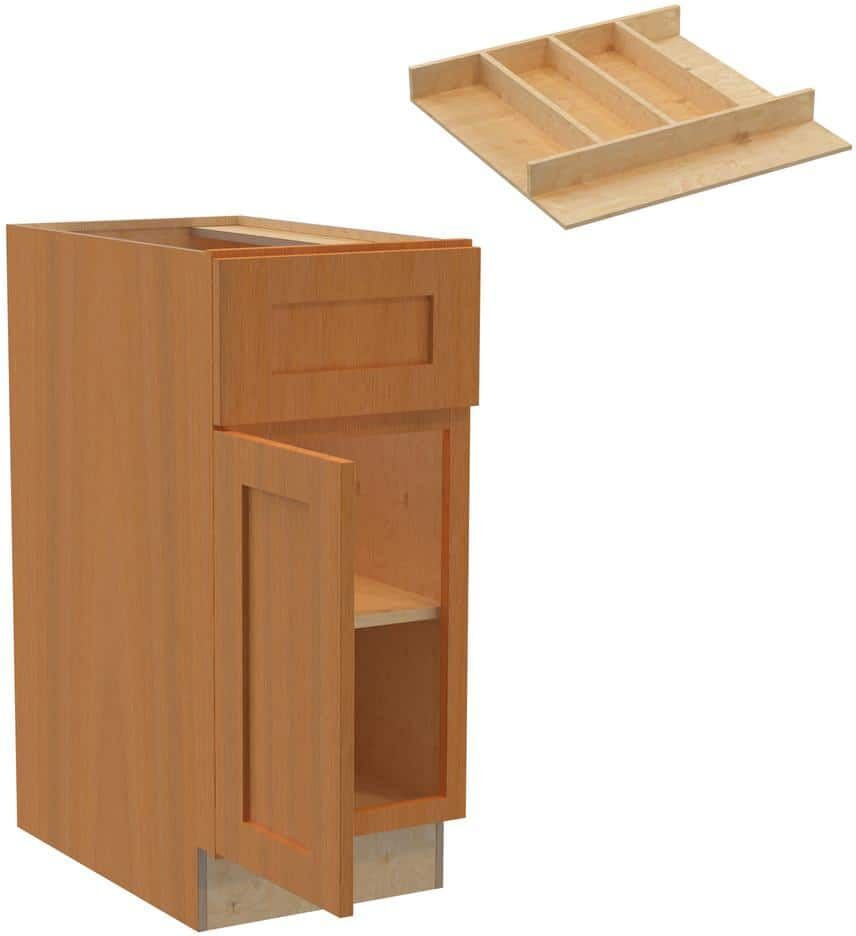 Home Decorators Collection Hargrove 15 in. W x 24 in. D x 34.5 in. H Cinnamon Stained Plywood Shaker Assembled Base Kitchen Cabinet Left UT Tray