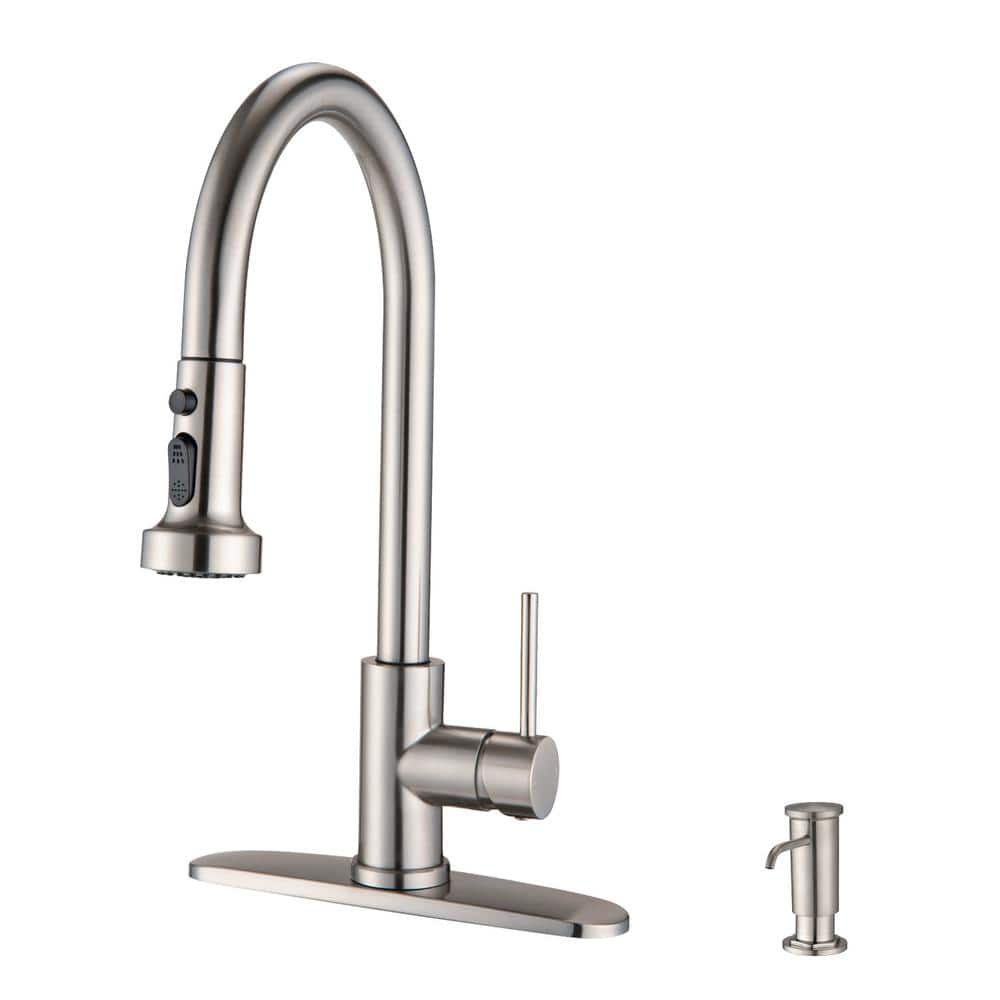 Single Handle Pull Down Sprayer Kitchen Faucet with Soap Dispenser in Stainless Steel