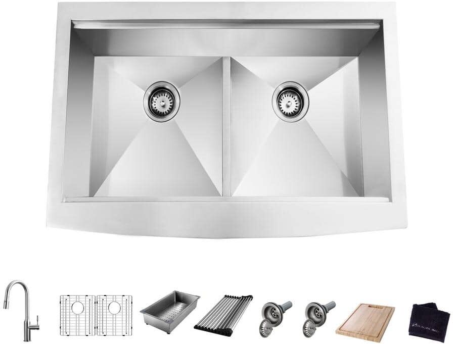 Glacier Bay Zero Radius 33 in. Apron-Front 50/50 Double Bowl 18 Gauge Stainless Steel Workstation Kitchen Sink with Pull-Down Faucet