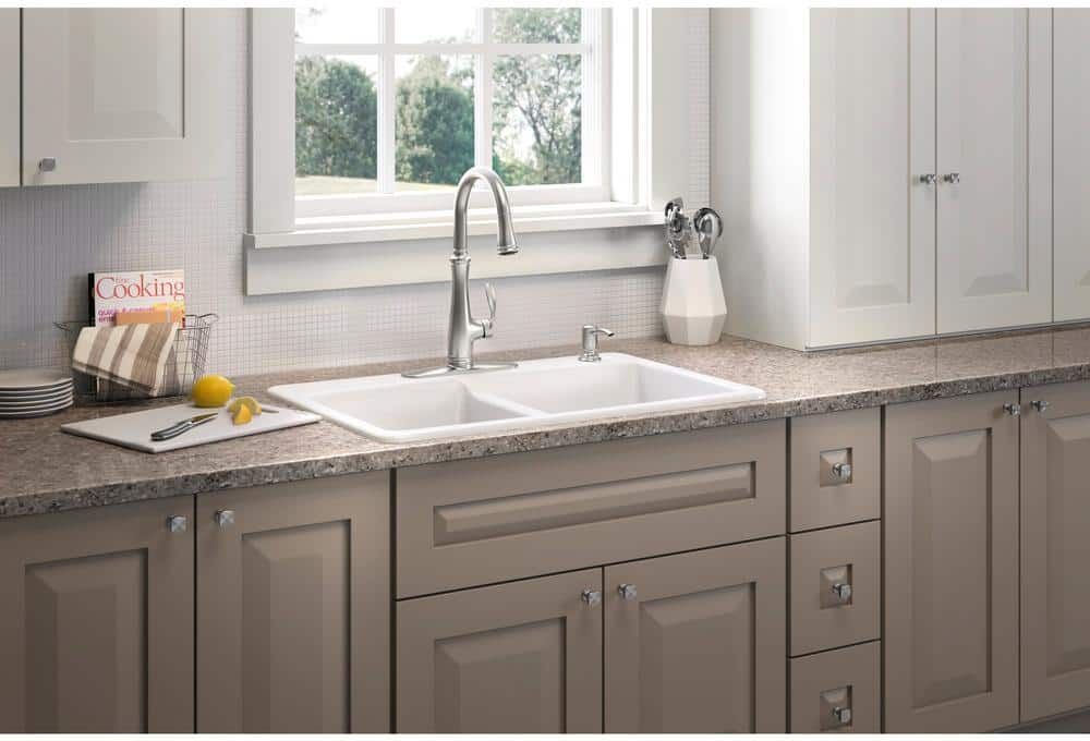 KOHLER Brookfield Drop-In Cast-Iron 33 in. 4-Hole Double Bowl Kitchen Sink in White with Bellera Faucet