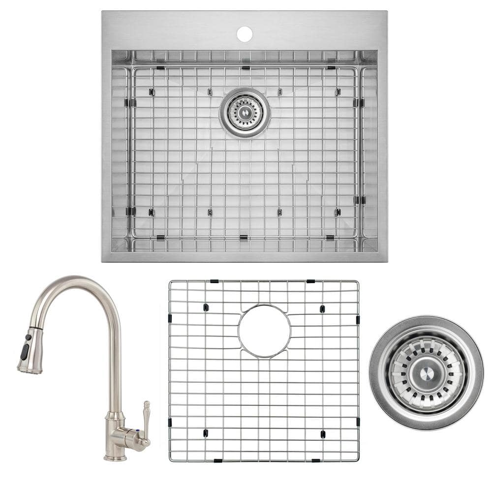 AKDY Handmade All-in-One Drop-in Stainless Steel 25 in. x 22 in. Sink Grid Pull-down Faucet 1-hole Single Bowl Kitchen Sink