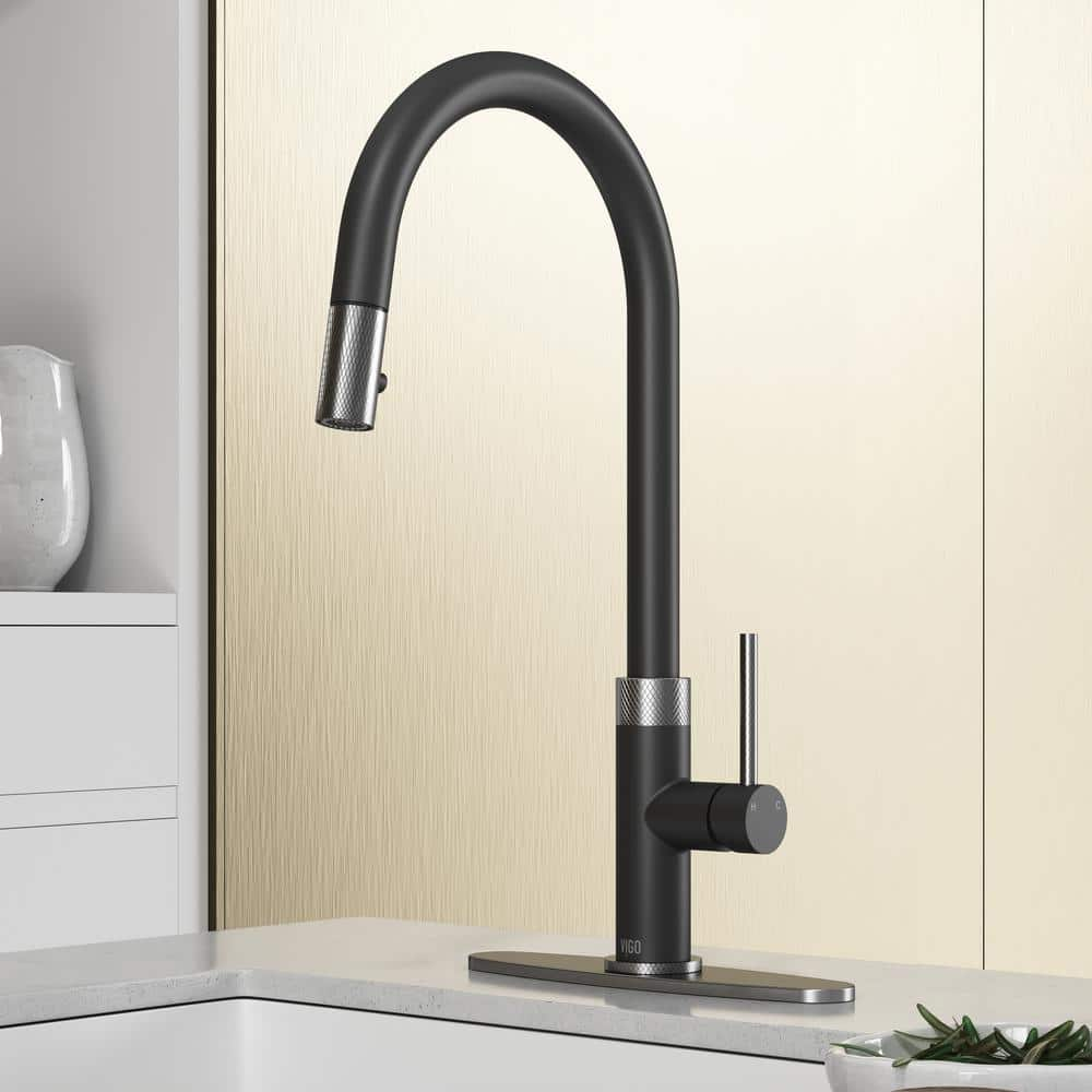 VIGO Bristol Pull-Down Sprayer Kitchen Faucet Set with Deck Plate in Stainless Steel and Matte Black