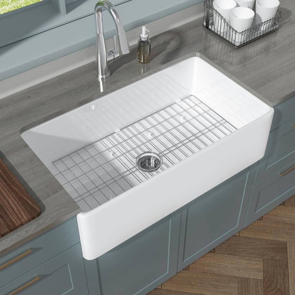 HOMLYLINK 36 in. Farmhouse Sink Single Bowl Crisp White Fireclay Kitchen Sink Farmhouse Kitchen Sink with Bottom Grid and Strainer