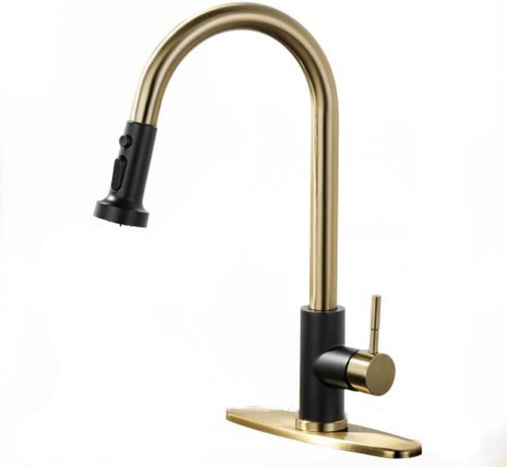 ALEASHA Single Handle Pull Down Sprayer Kitchen Sink Faucet in Matte Black and Brushed Gold