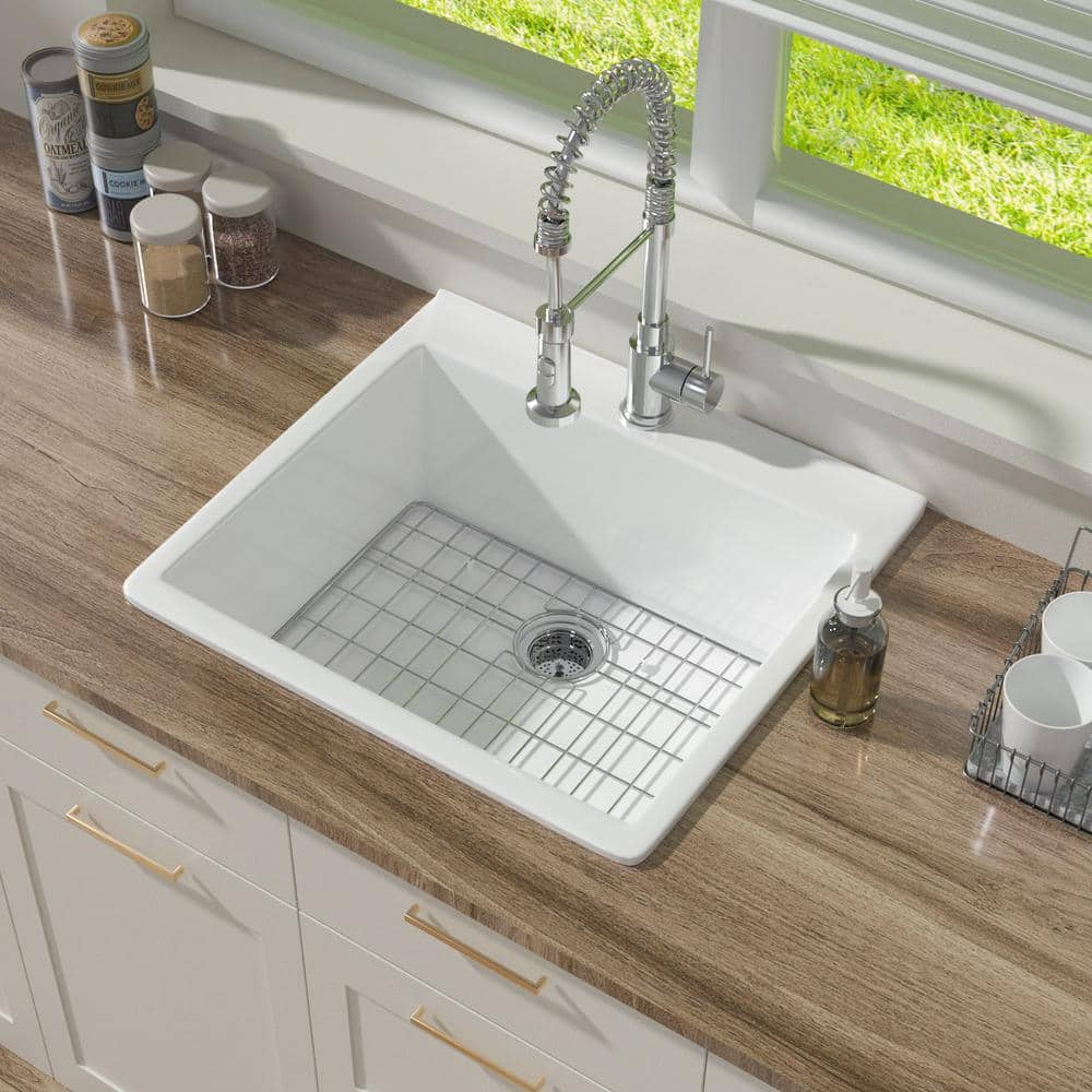 HOMLYLINK Kitchen Sink 24 in Drop-In Top mount Single Bowl White Fireclay Kitchen Sink 1-Faucet Hole with Bottom Grid and Strainer