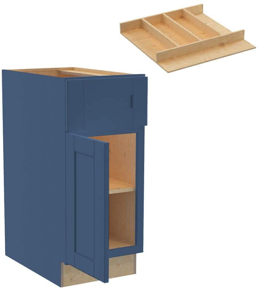 Home Decorators Collection Washington 15 in. W x 24 in. D x 34.5 in. H Vessel Blue Plywood Shaker Assembled Base Kitchen Cabinet Left Utility Tray