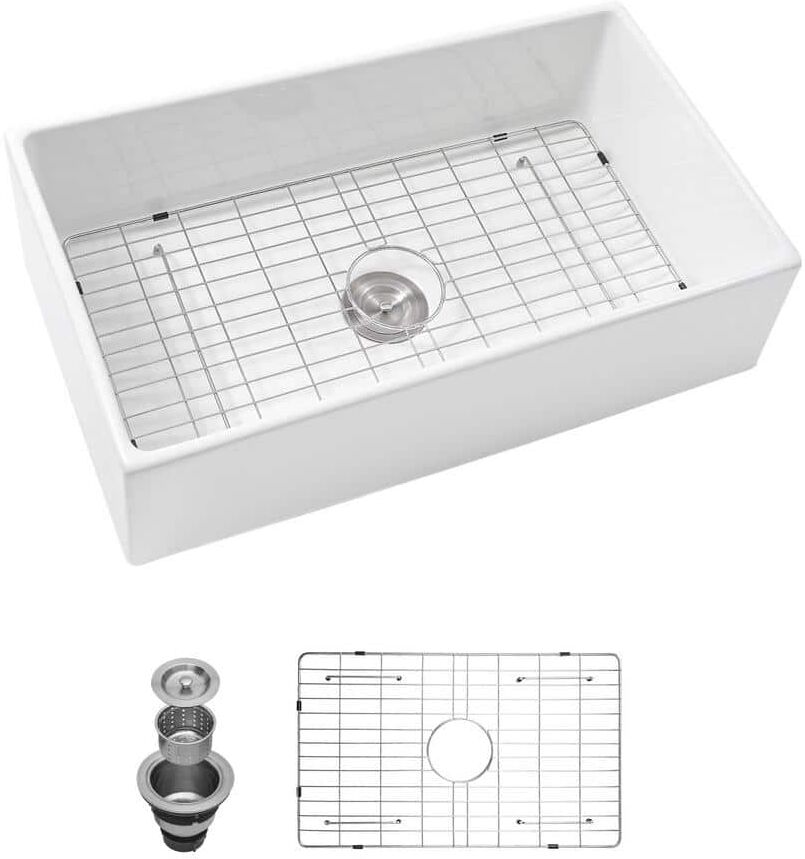 Siavonce 33 in. Kitchen Sink White Undermount Single Bowl Apron Front Ceremic Sink Farm Style Drain Asseblemly and Bottom Grate