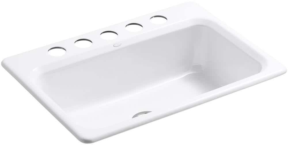 KOHLER Bakersfield Undermount Cast Iron 31 in. 5-Hole Single Bowl Kitchen Sink in White with Basin Rack