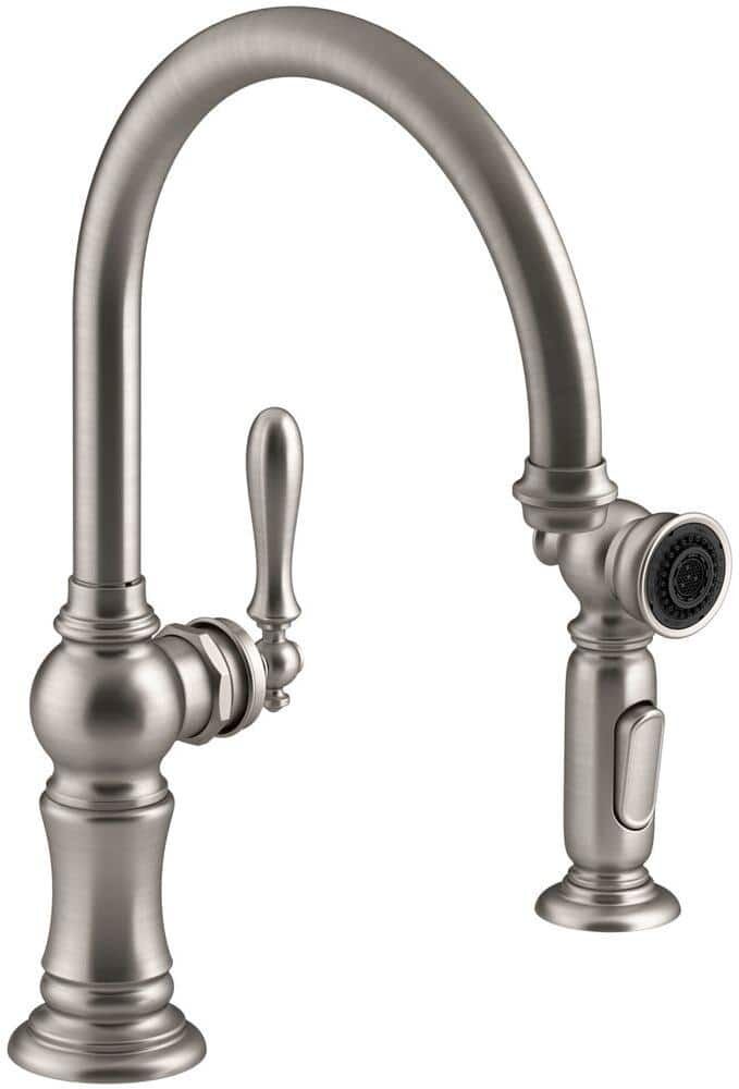 KOHLER Artifacts Single-Handle Standard Kitchen Faucet with Swing Spout and Side Sprayer in Vibrant Stainless