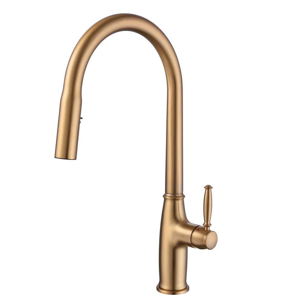 matrix decor Single Handle Wall Mount Gooseneck Pull Down Sprayer Kitchen Faucet in Brushed Gold