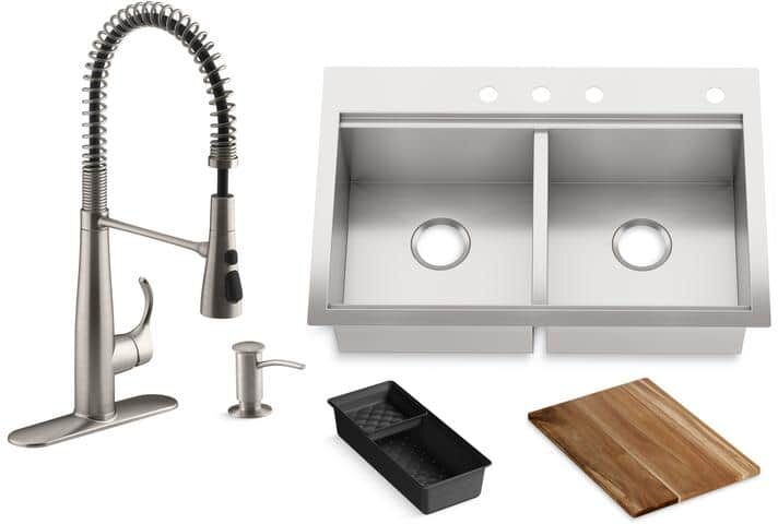 KOHLER Lyric Workstation 33 in. Dual Mount Stainless Steel Double Bowl Kitchen Sink with Simplice Semi pro Kitchen Faucet