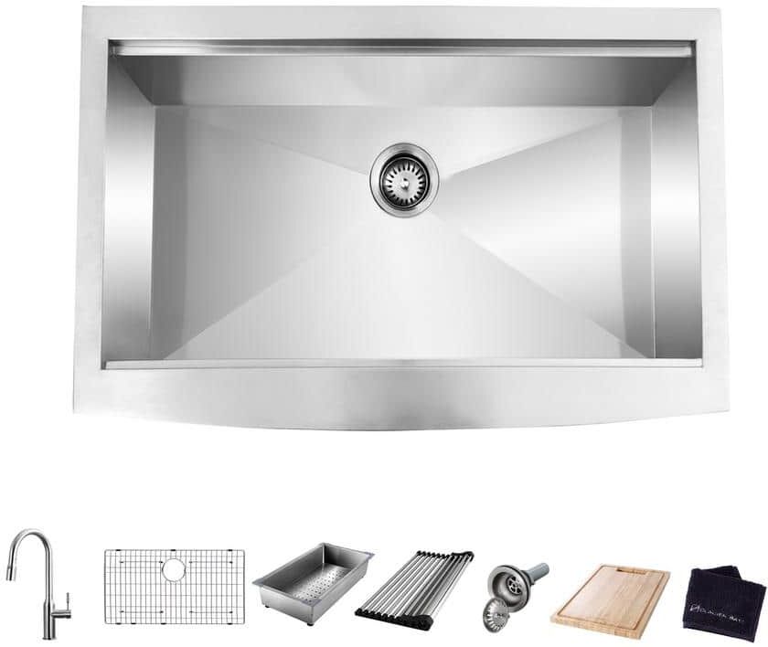 Glacier Bay Zero Radius 30 in. Apron-Front Single Bowl 18 Gauge Stainless Steel Workstation Kitchen Sink with Pull-Down Faucet