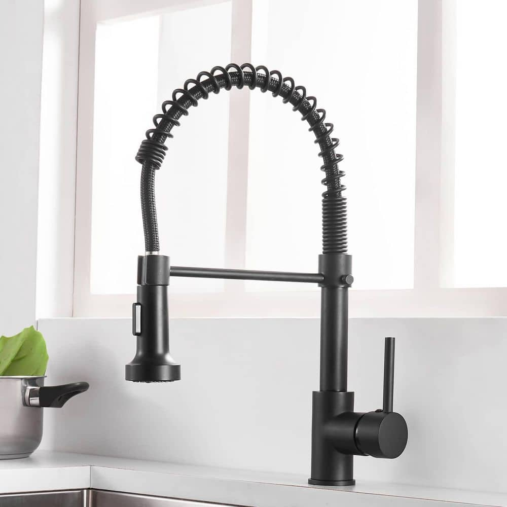 FLG 1-Handle Commercial Kitchen Sink Faucet With Pull Down Sprayer Single Hole Kitchen Faucets Spring Modern Tap Matte Black