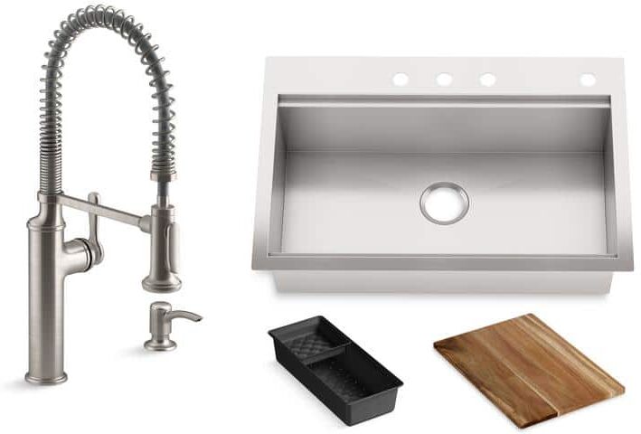 KOHLER Lyric Workstation 33 in. Dual Mount Stainless Steel Single Bowl Kitchen Sink with Sous Semi Pro Kitchen Faucet