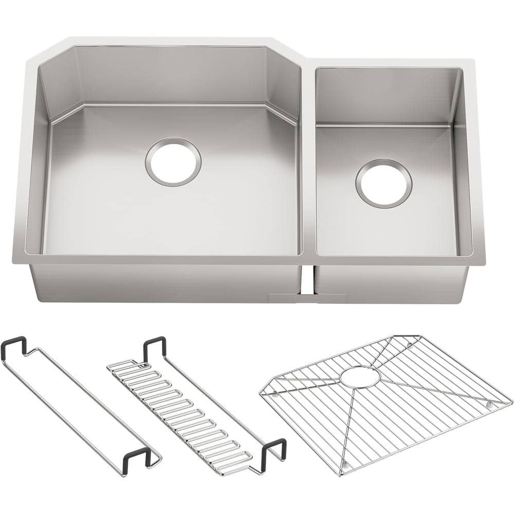 KOHLER Strive Undermount Stainless Steel 36 in. Double Bowl Kitchen Sink Kit with Bowl Rack