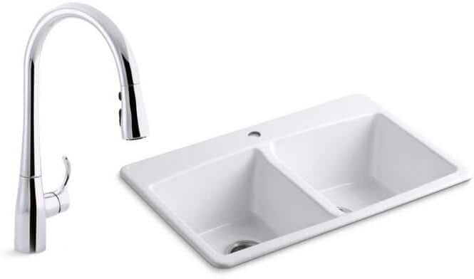 KOHLER Brookfield All-in-One Drop-In Cast Iron 33 in. Double Bowl Kitchen Sink in White with Simplice Kitchen Faucet