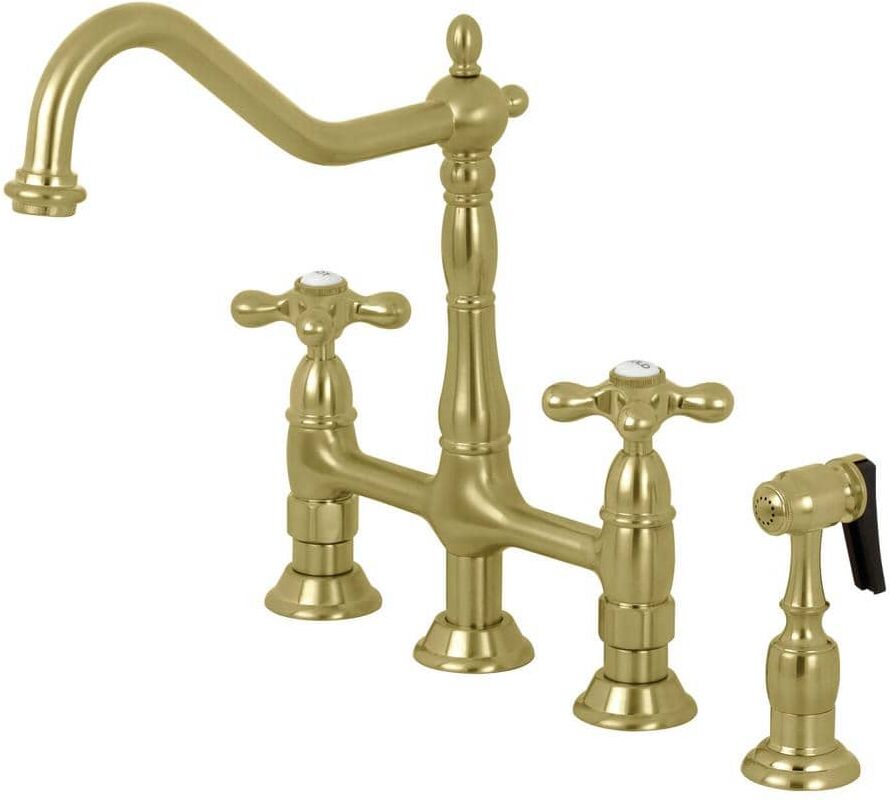 Kingston Heritage 2-Handle Bridge Kitchen Faucet with Brass Sprayer in Brushed Brass