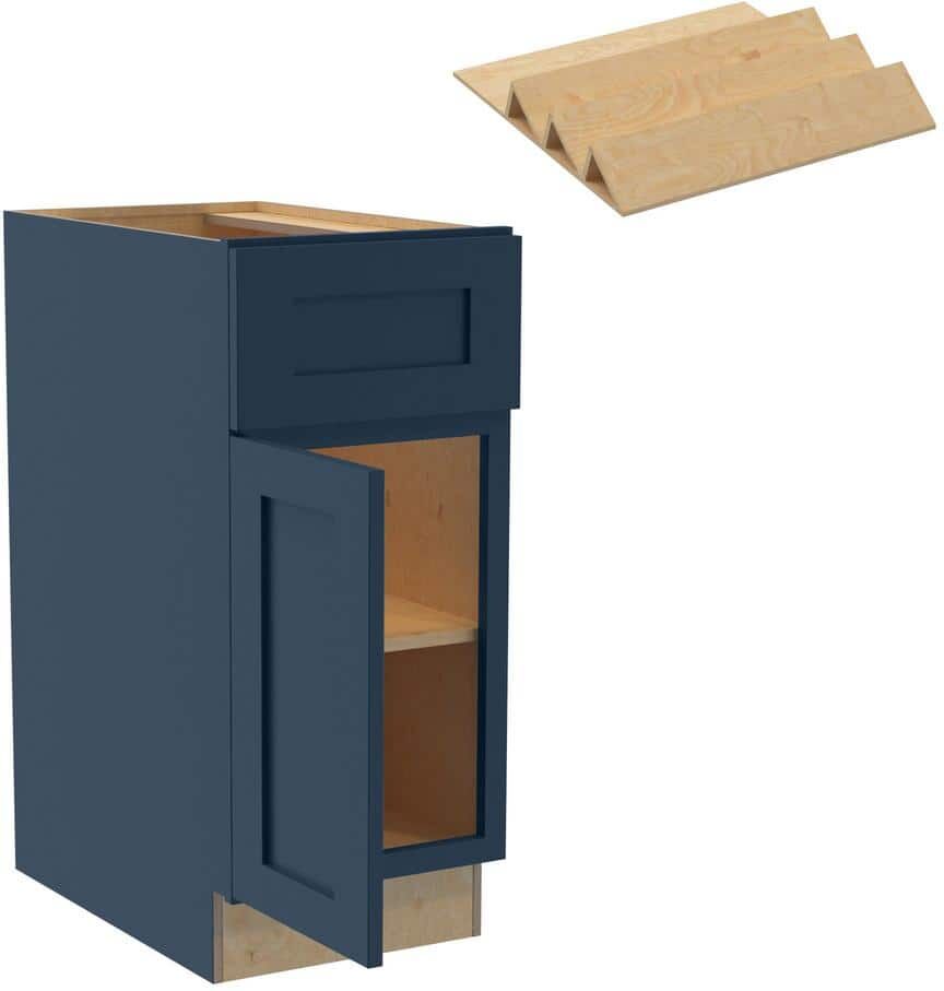 Home Decorators Collection Newport 15 in. W x 24 in. D x 34.5 in. H Blue Painted Plywood Shaker Assembled Base Kitchen Cabinet Left Spice Tray