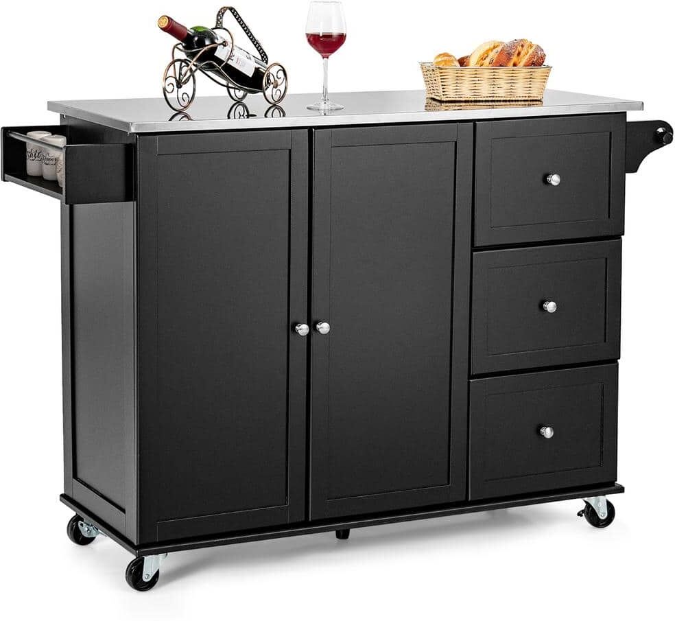 Costway Black Kitchen Island 2-Door Storage Cabinet Stainless Steel Top w/Drawers