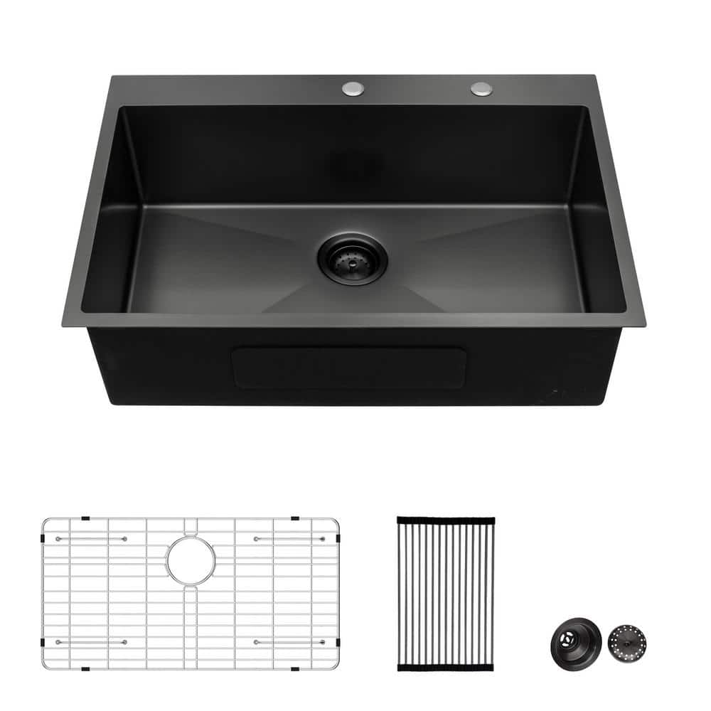 28 in. Drop-In Single Bowl Black Stainless Steel Workstation Kitchen Sink with Accessories