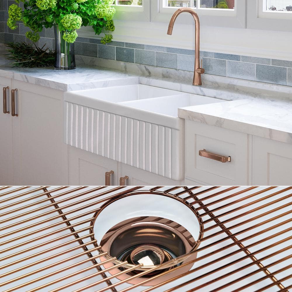 Fossil Blu Luxury 33 in. Farmhouse/Apron-Front Double Bowl White Solid Fireclay Kitchen Sink with Rose-Gold Accs and Flute Front, Appliance White