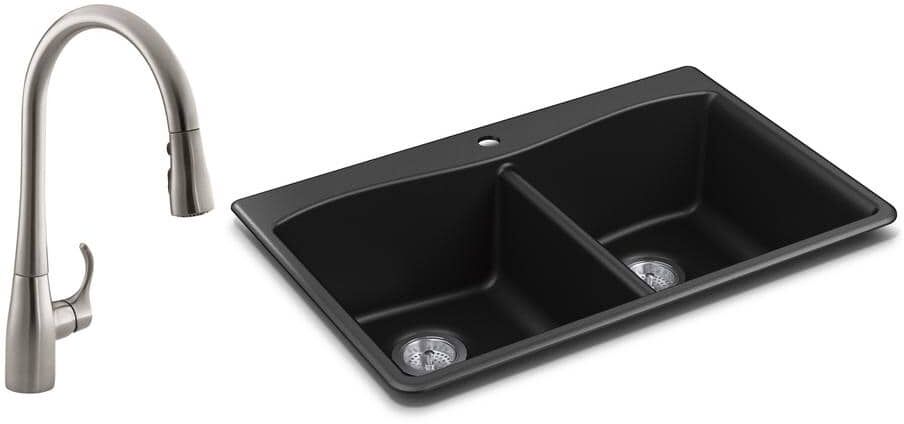 KOHLER Kennon Drop-in/Undermount Granite Composite 33 in. Double Bowl Kitchen Sink with Simplice Kitchen Faucet in Matte Black