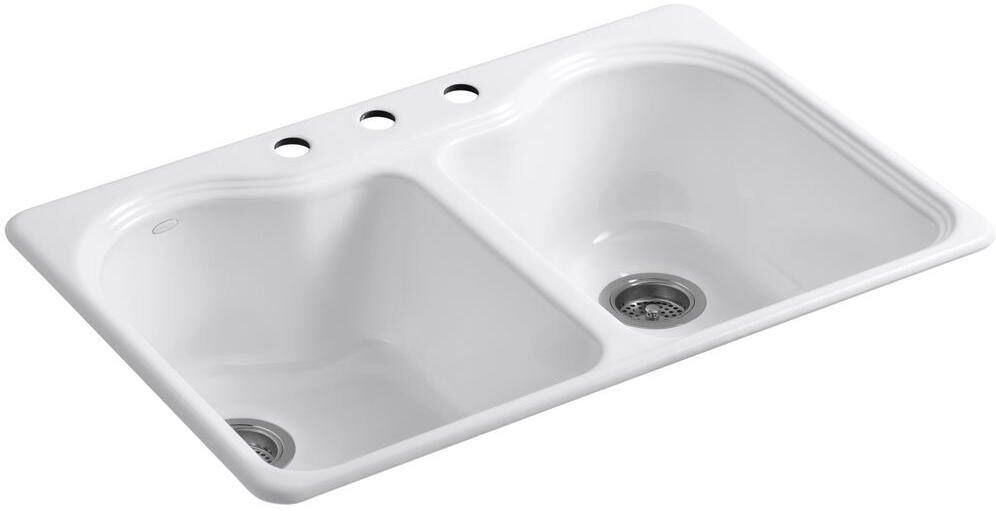 KOHLER Hartland Drop-In Cast Iron 33 in. 3-Hole Double Bowl Kitchen Sink in White