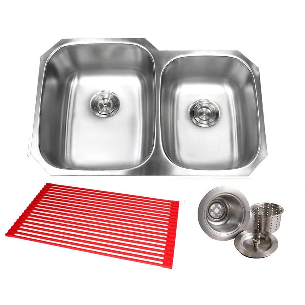 Kingsman Hardware Undermount 18-Gauge Stainless Steel 32 in. x 20-3/4 in. x 9 in. Deep 60/40 Double Kitchen Sink with Brushed Finish Combo