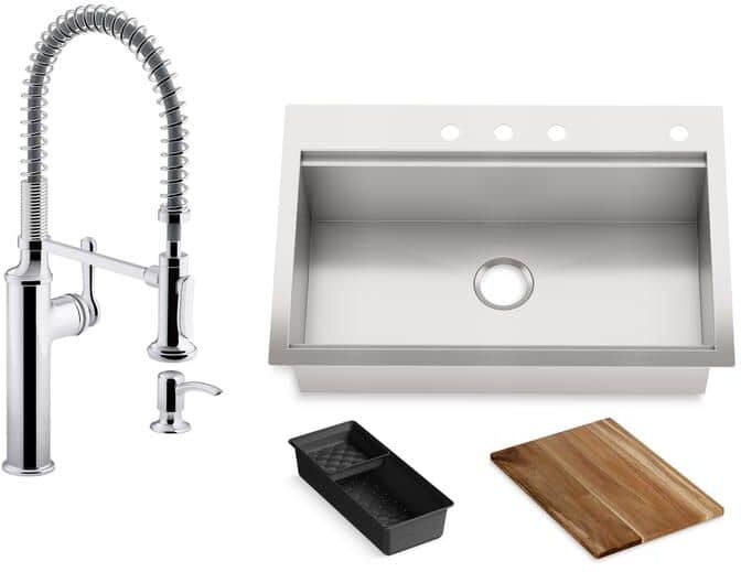 KOHLER Lyric Workstation 33 in. Dual Mount Stainless Steel Single Bowl Kitchen Sink with Sous Semi Pro Kitchen Faucet