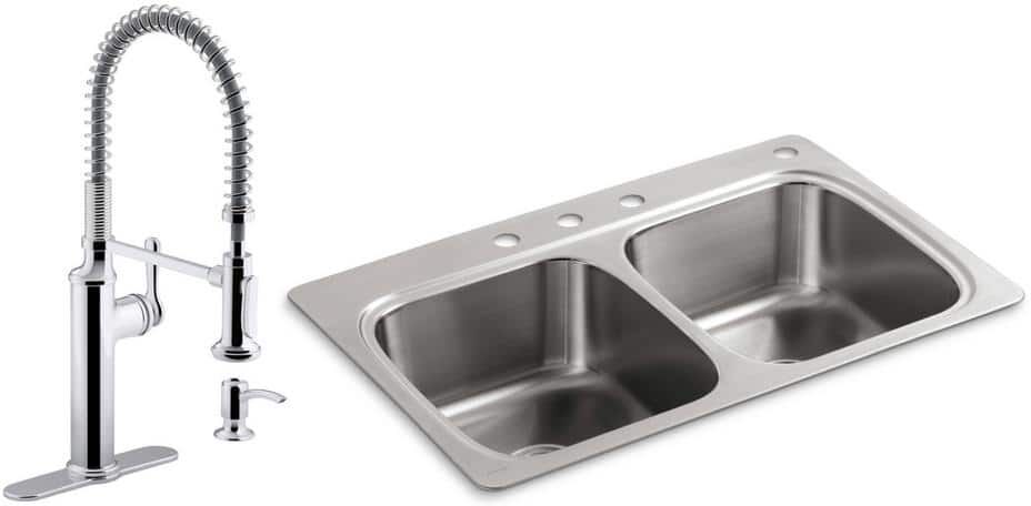 KOHLER Verse All-in-One Drop-in Stainless Steel 33 in. Double Bowl Kitchen Sink with Sous Kitchen Faucet