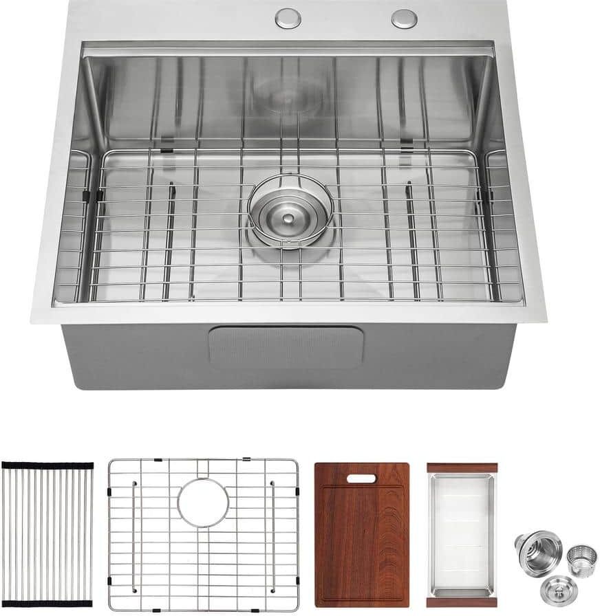 28 in. Brushed Nickel Drop in Single Bowl 16-Gauge Stainless Steel Kitchen Sink with Accessories