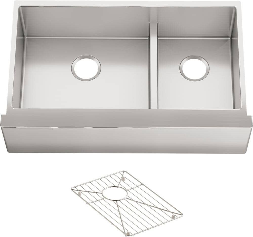 KOHLER Strive Farmhouse Apron Front Undermount Stainless Steel 36 in. Double Basin Kitchen Sink with Basin Rack