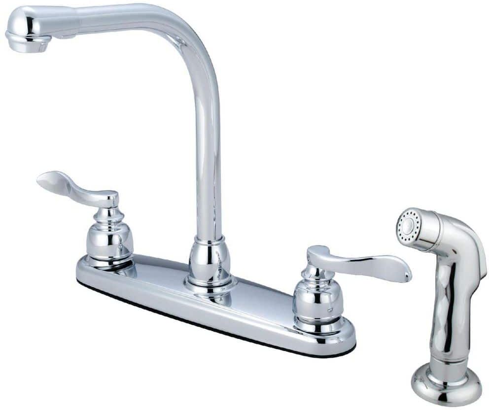 Kingston NuWave French 2-Handle Deck Mount Centerset Kitchen Faucets with Side Sprayer in Polished Chrome