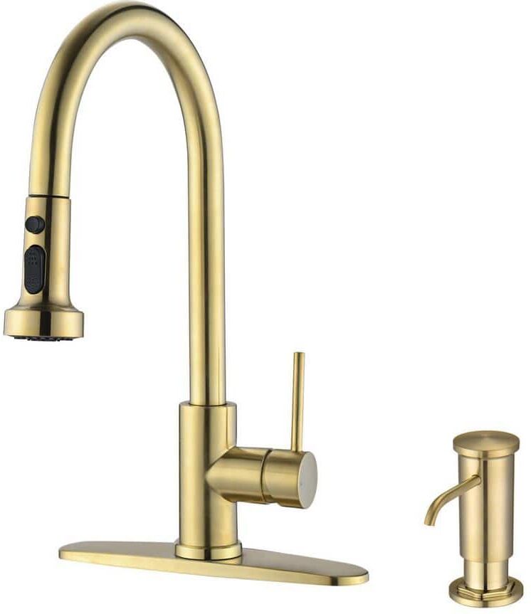 Nestfair Single Handle Pull Down Sprayer Kitchen Faucet with Soap Dispenser in Brushed Gold