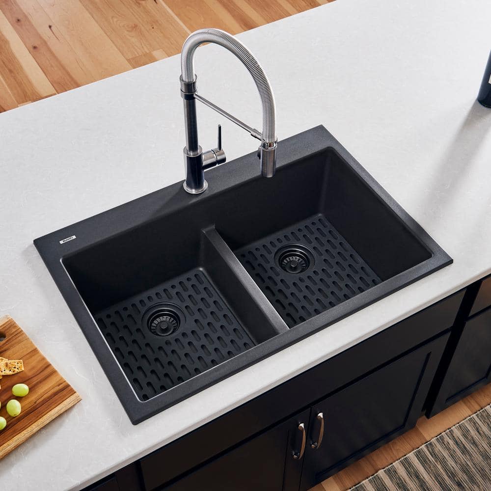 Ruvati 33 in. x 22 in. Double Bowl Drop-in Granite Composite Kitchen Sink in Midnight Black