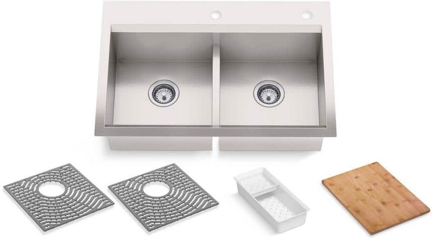 KOHLER Task Workstation 33 in. Dual Mount Double Bowl Stainless Steel Kitchen Sink with Smart Divide