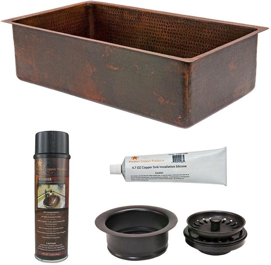 Premier Copper Products Undermount Hammered Copper 33 in. 0-Hole Single Bowl Kitchen Sink and Drain in Oil Rubbed Bronze