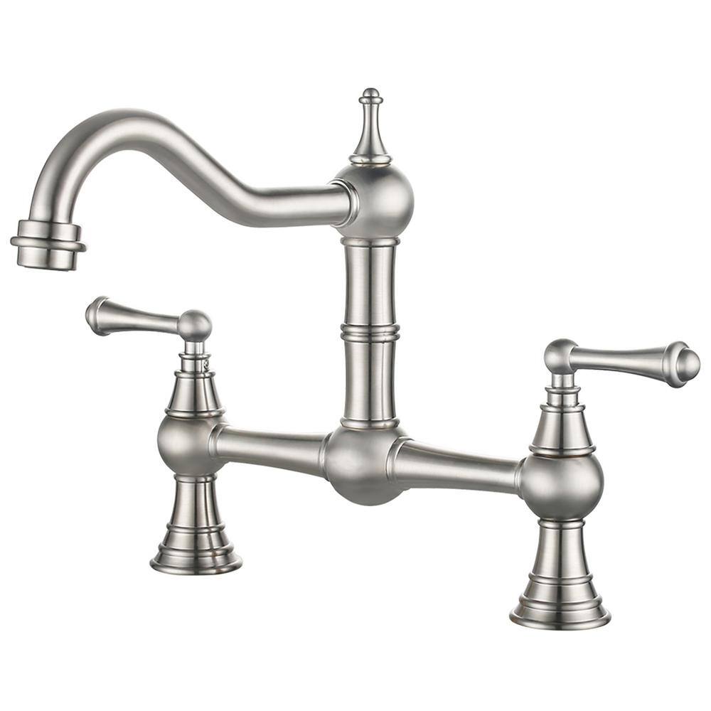 IVIGA Elegant Double Handle Bridge Kitchen Faucet in Brushed Nickel