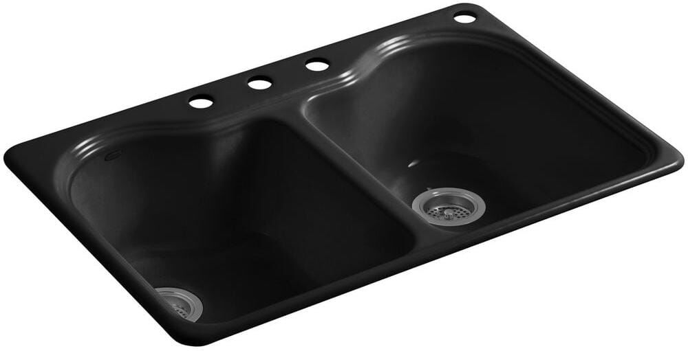 KOHLER Hartland Cast Iron 33 in. 4-Hole Double Bowl Drop-In Kitchen Sink in Black