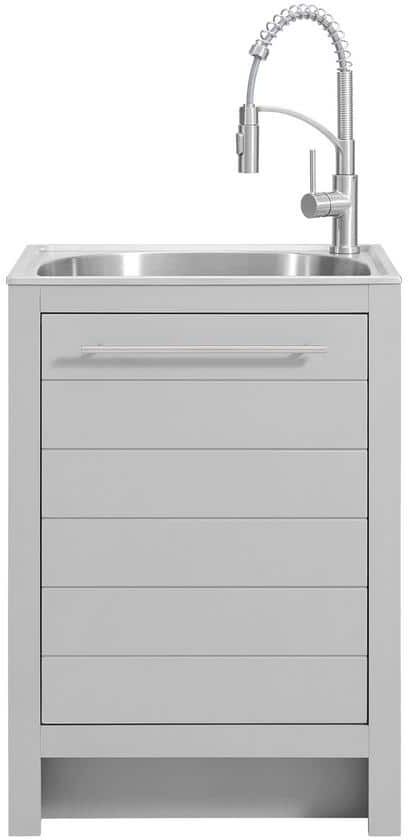 Glacier Bay All-In-One Stainless Steel 24 in Laundry Sink with Faucet and Storage Cabinet in Cool Gray