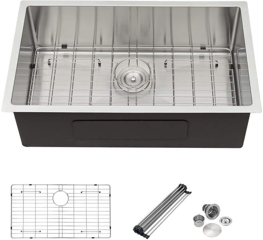 32 in. x 19 in. in Brushed Nickel Undermount Single Bowl 16-Gauge Stainless Steel Kitchen Sink with Accessories