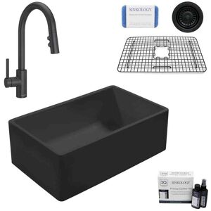 SINKOLOGY Bradstreet II 33 in Farmhouse Apron Front Undermount Single Bowl Matte Black Fireclay Kitchen Sink with Black Faucet Kit