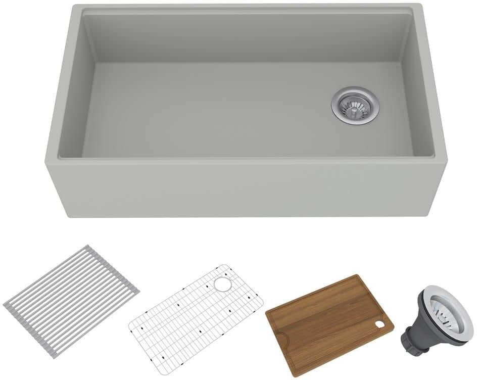 CASAINC Concrete 33 in. Single Bowl Farmhouse Apron Kitchen Sink with Cutting Board, Rolling Drying Rack, Grid and Drainer (CC)