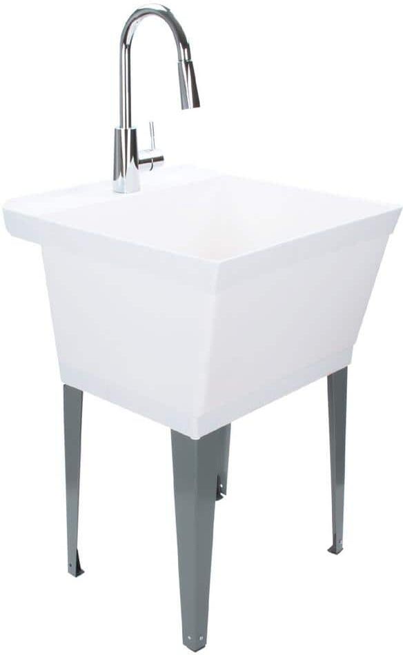 TEHILA Complete 22.875 in. x 23.5 in. White 19 Gal. Utility Sink Set with Metal Hybrid Chrome High Arc Pull-Down Faucet