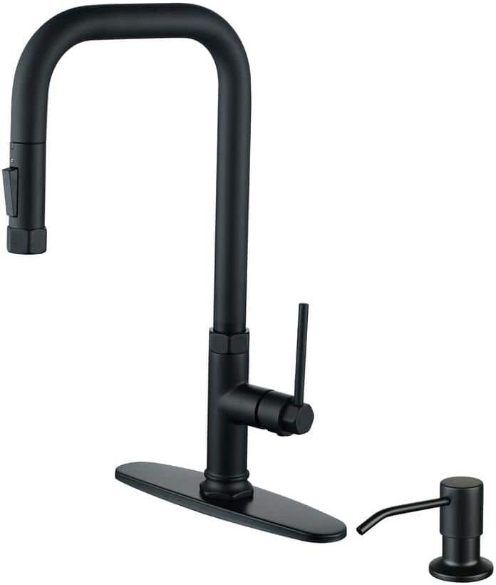 IVIGA Single-Handle Pull Down Sprayer Kitchen Faucet with Soap Dispenser and Deck Plate in Matte Black