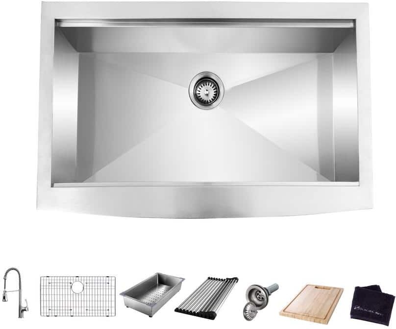 Glacier Bay Zero Radius 30 in. Apron-Front Single Bowl 18 Gauge Stainless Steel Workstation Kitchen Sink with Spring Neck Faucet