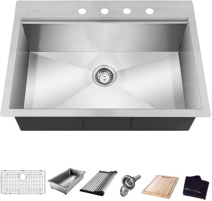 Glacier Bay Zero Radius 27 in. Drop-In Single Bowl 18 Gauge Stainless Steel Kitchen Sink with Accessories