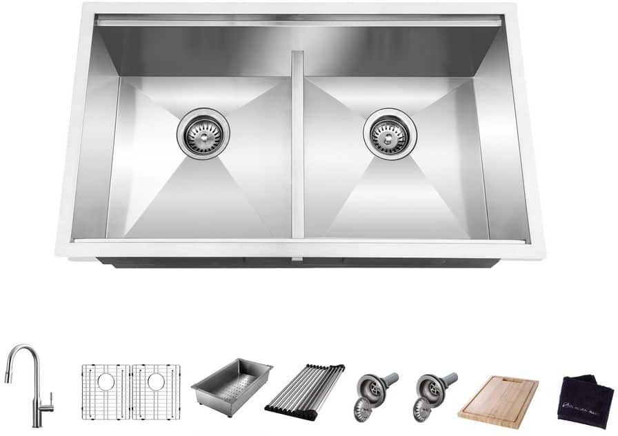 Glacier Bay Zero Radius 33 in. Undermount 50/50 Double Bowl 18 Gauge Stainless Steel Workstation Kitchen Sink with Pull-Down Faucet